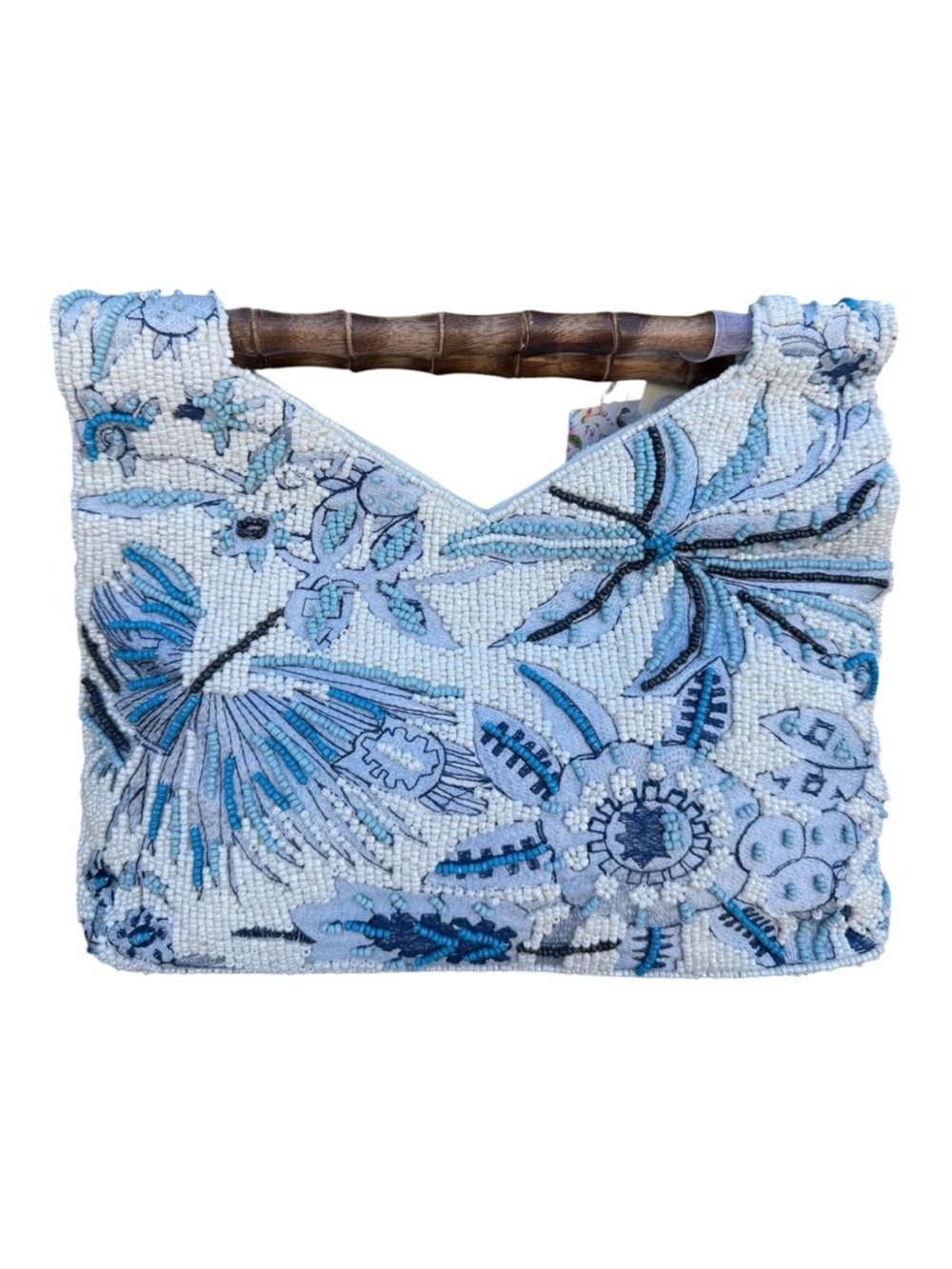 NWT BEADED PURSE Blue Floral BAG w Bamboo Handle Sequin Statement Bag - Picture 3 of 16